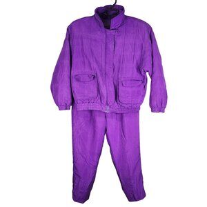 Womens Vintage Purple Lavon Tracksuit 100% Silk Full Zip Lined Size L
